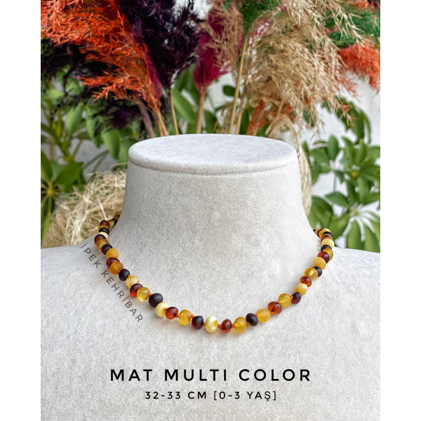 Mat Cilasız Multi Color 4 Renkli Yuvarlak Kesim Kehribar Kolye - Kız Erkek Bebek Diş Kolyesi (ipek-313)